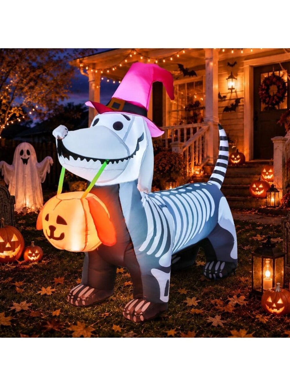 5.5 FT Halloween Skeleton Puppy Inflatable Yard Decor with LED Lights & Pumpkin